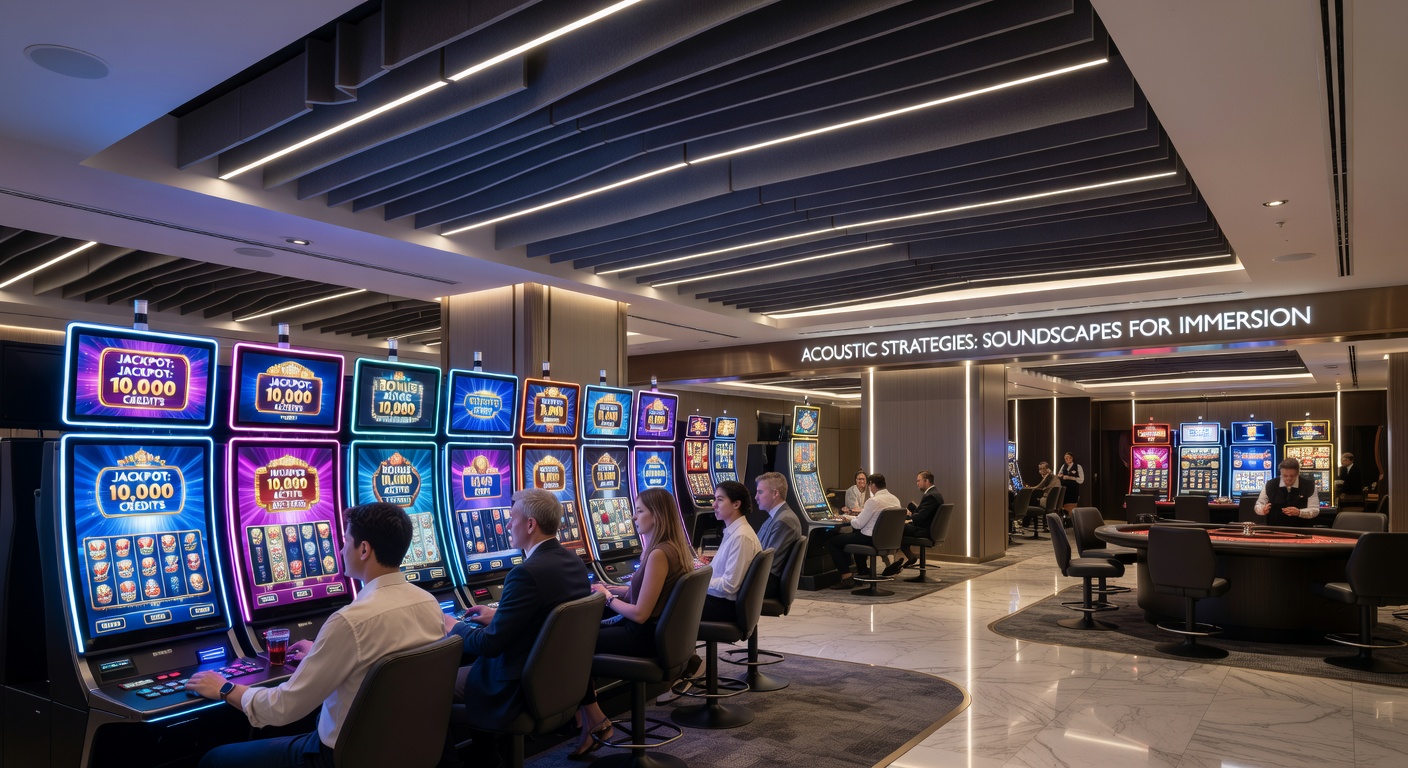 Modern casino floor with layered sound systems and immersive audio elements guiding player experiences