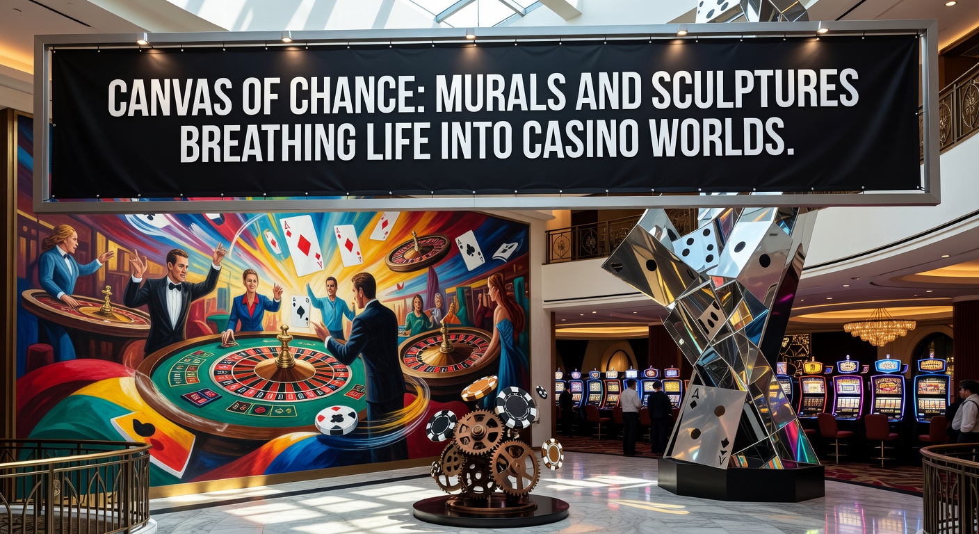 Vibrant mural depicting mythical scenes in a grand casino atrium, with swirling colors and intricate details drawing visitors deeper into the gaming realm