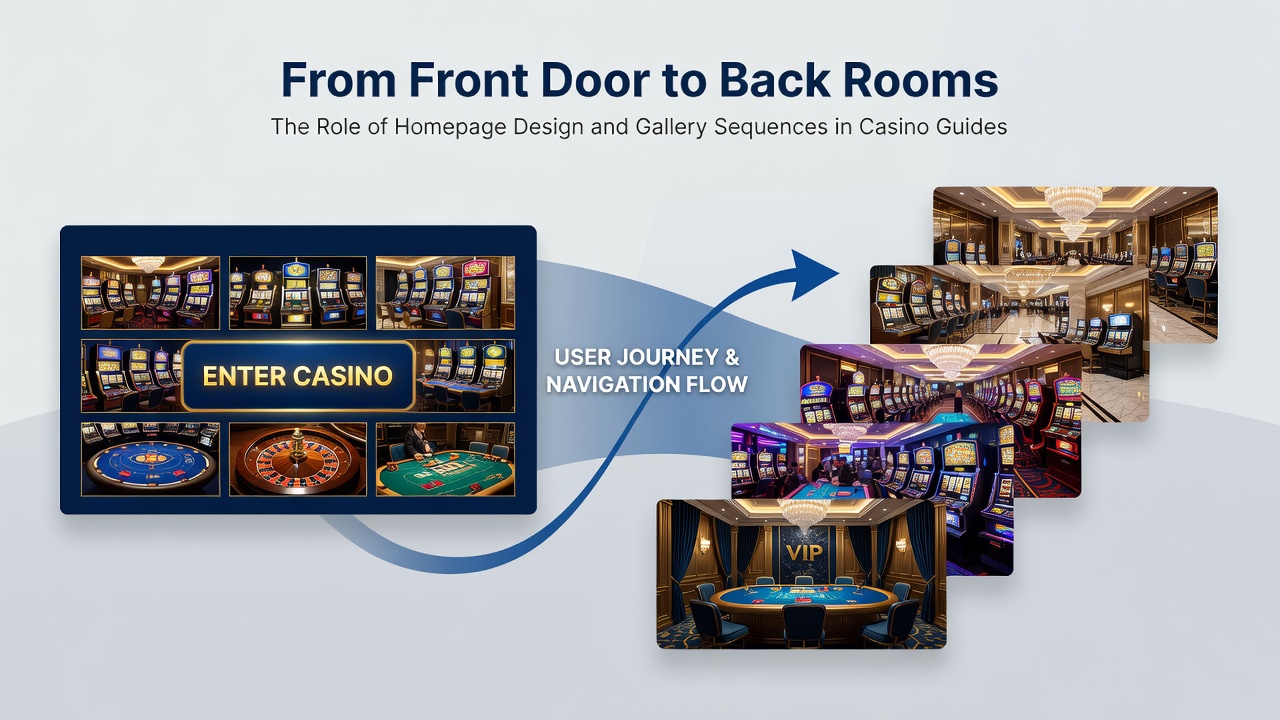 Sequential gallery images displaying casino interiors and game tables in an online guide interface