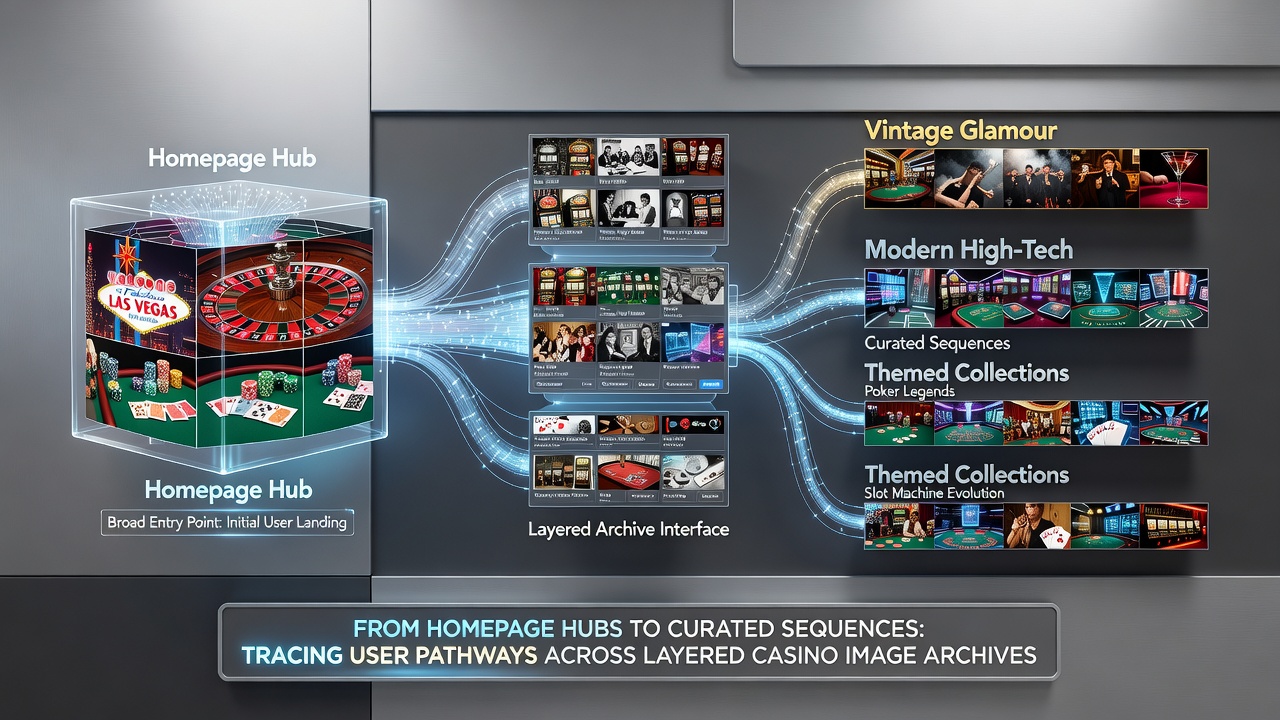 Curated image sequence showing progressive navigation from broad casino floor views to detailed thematic galleries in layered archives