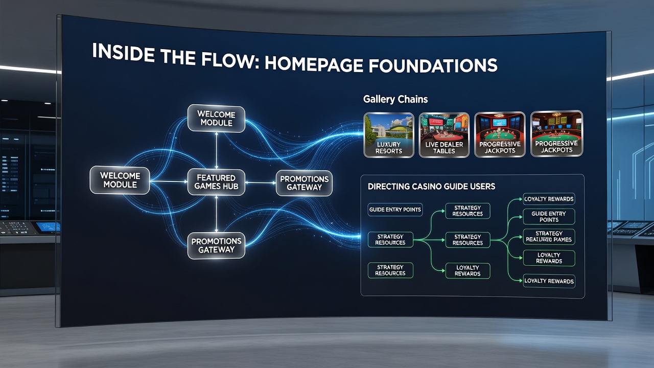 Sequence of gallery images illustrating progressive navigation from casino floor scenes to detailed review sections within an online guide