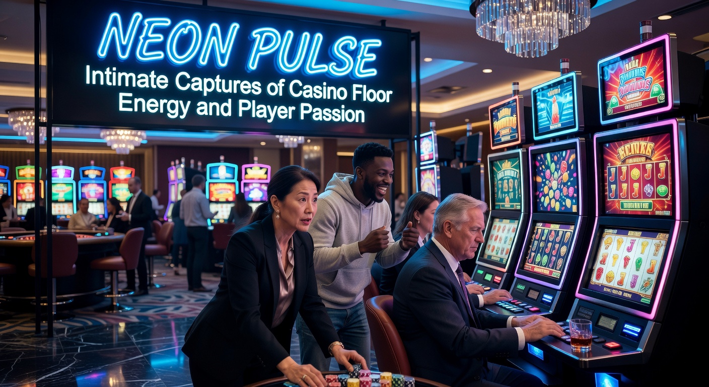 Dynamic neon-lit casino floor with players deeply engaged at slot machines and tables, pulses of light reflecting intense focus and excitement