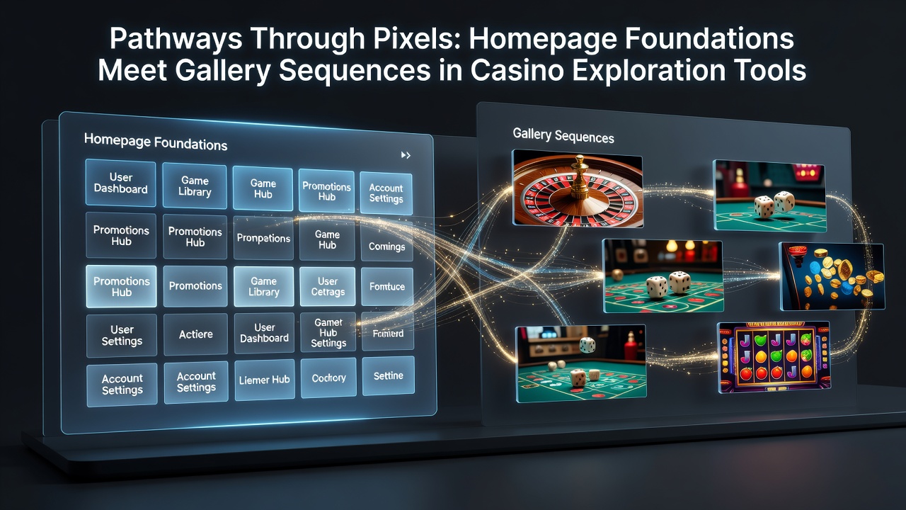 Homepage layout of a casino exploration tool showing navigation menus and featured image sequences