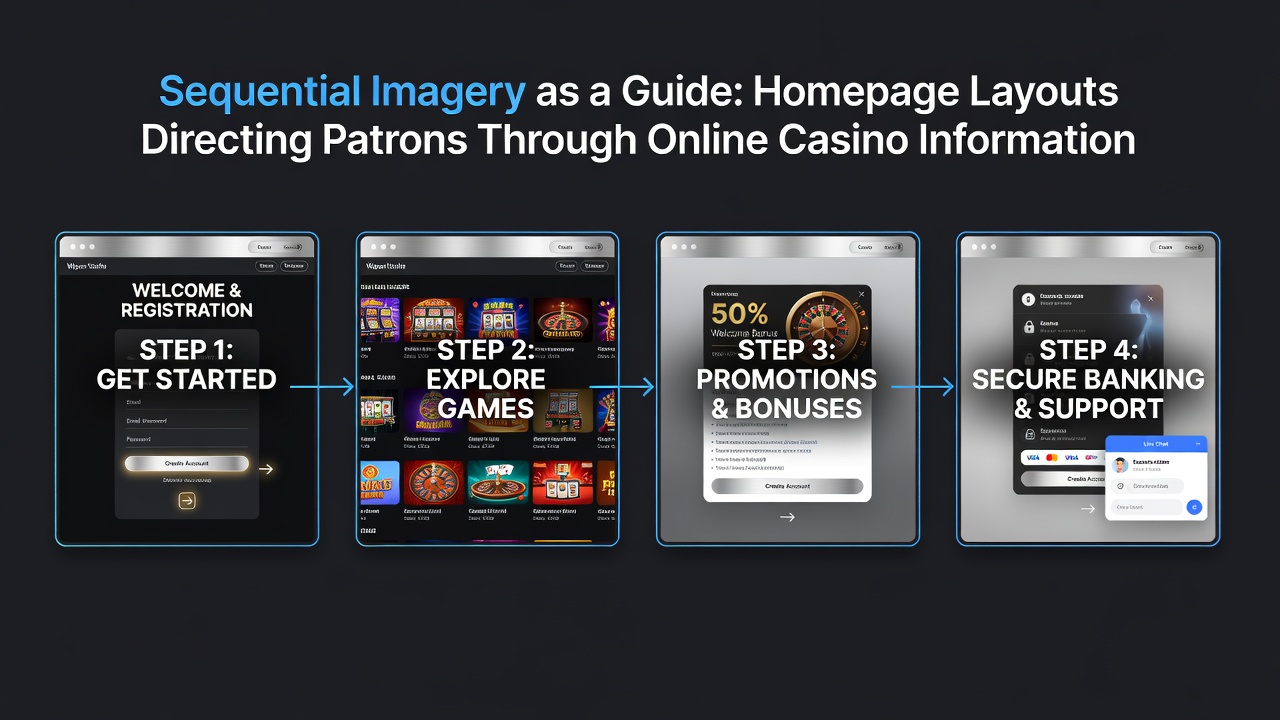 Mid-page view of a casino information hub showing progressive image sequence directing users toward detailed guides and database sections
