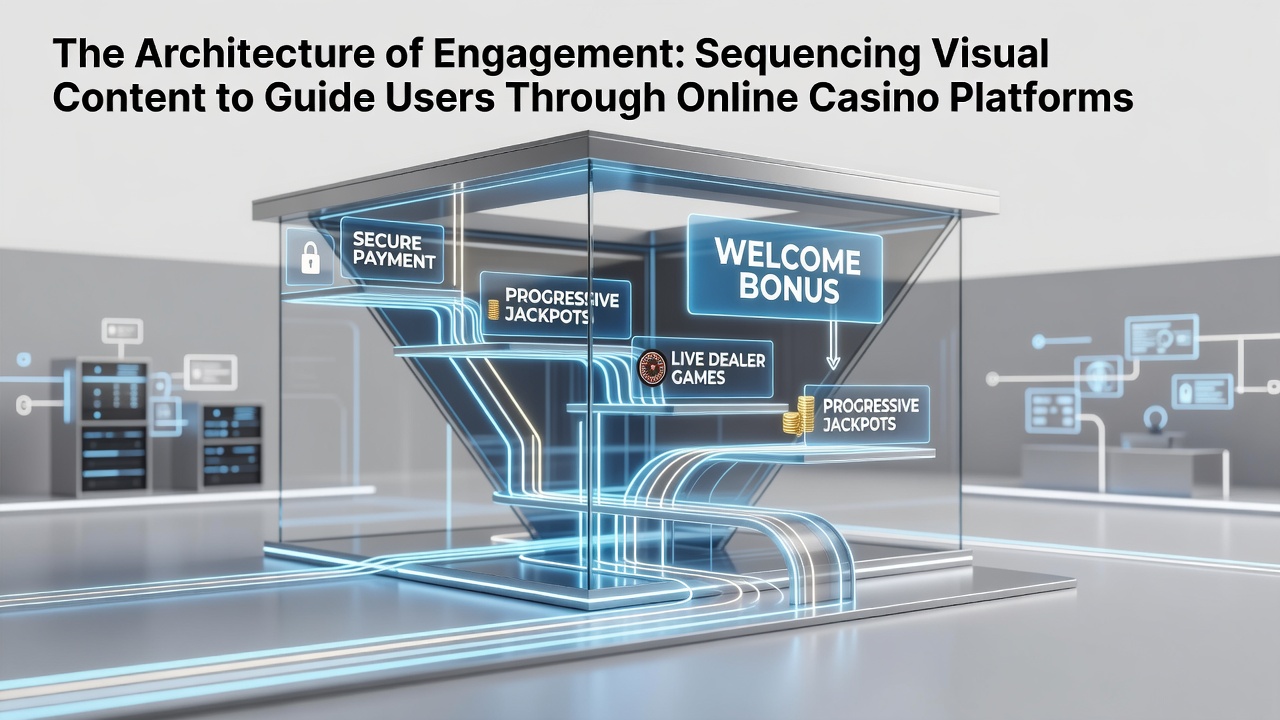 Visual layout of an online casino homepage showing sequenced banners and navigation elements that direct user attention progressively