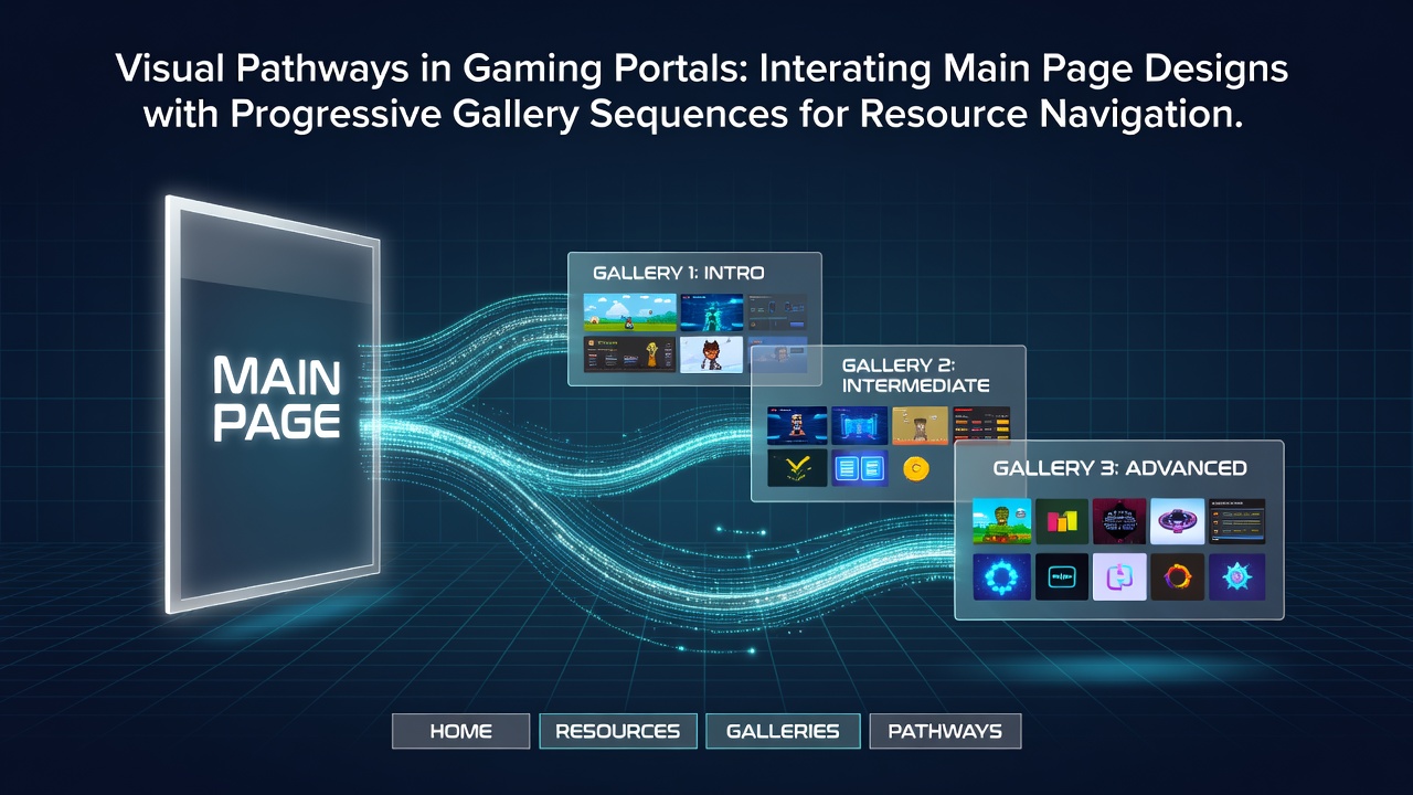 Homepage layout of a gaming portal showing navigation elements and initial visual entry points leading into resource sections