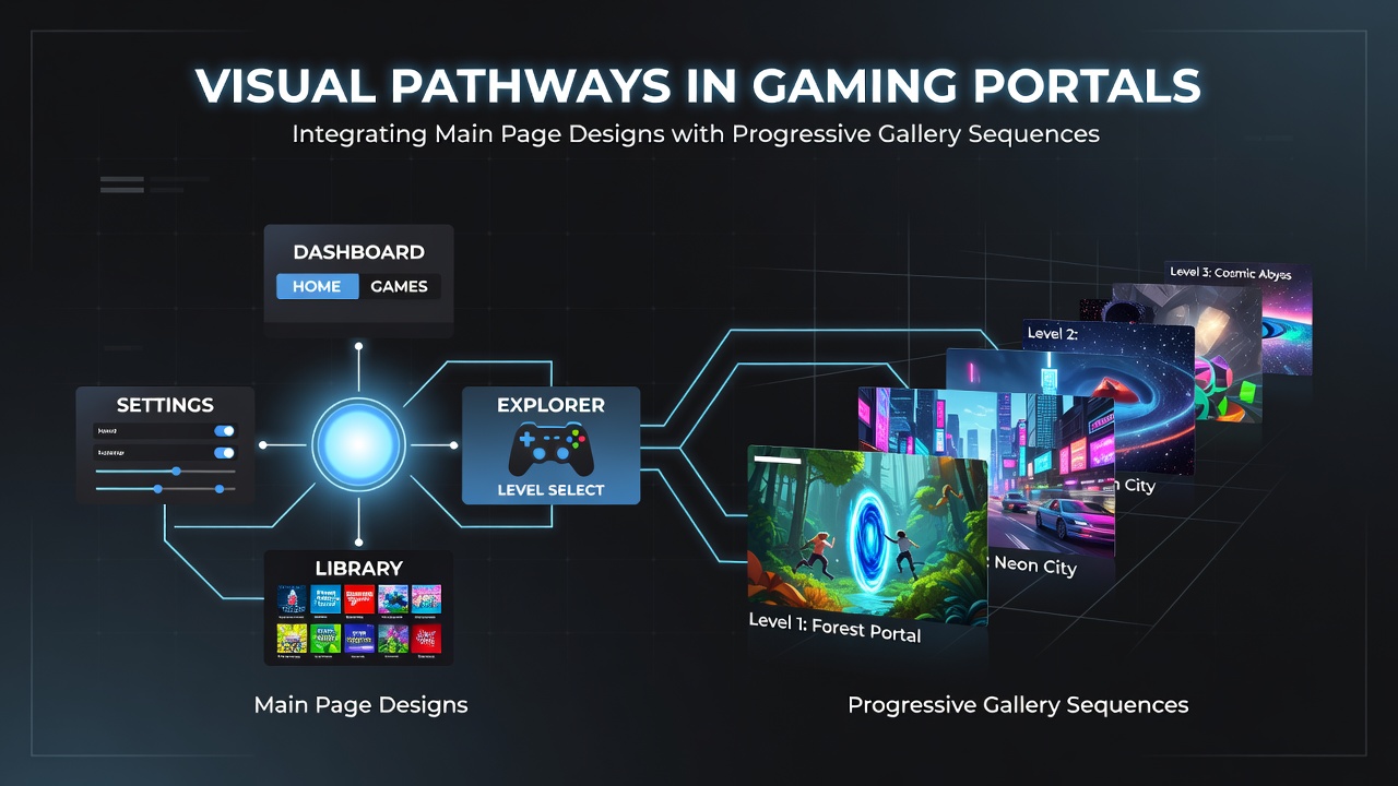 Progressive gallery sequence displaying a series of resource images expanding from broad categories to specific navigation options within a gaming portal